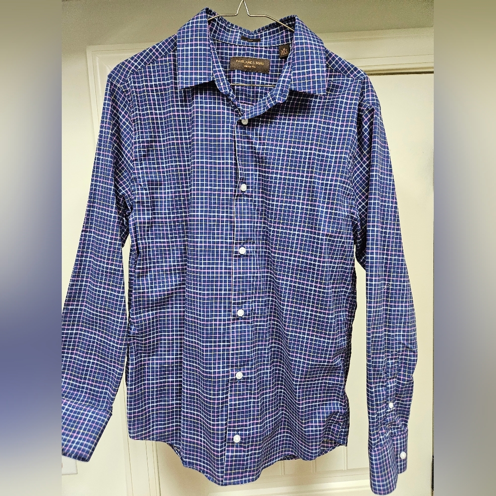 Fairlane & Sons Men's M Short Navy, Pink and White Checkered Shirt